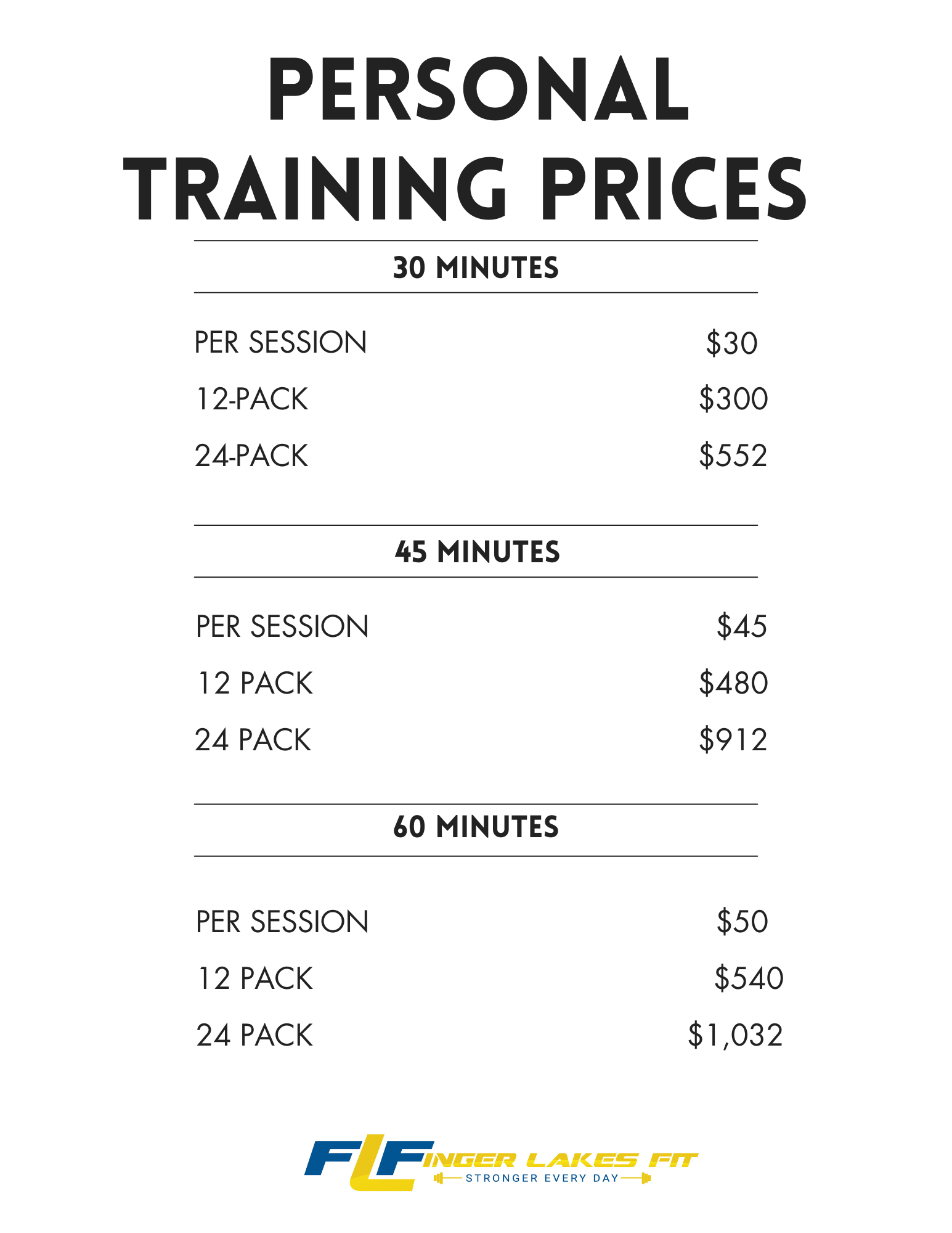 Group class pricing — 1, 2, or 3 times a week, six-week packages with weekly, bi-weekly, and paid-in-full billing options