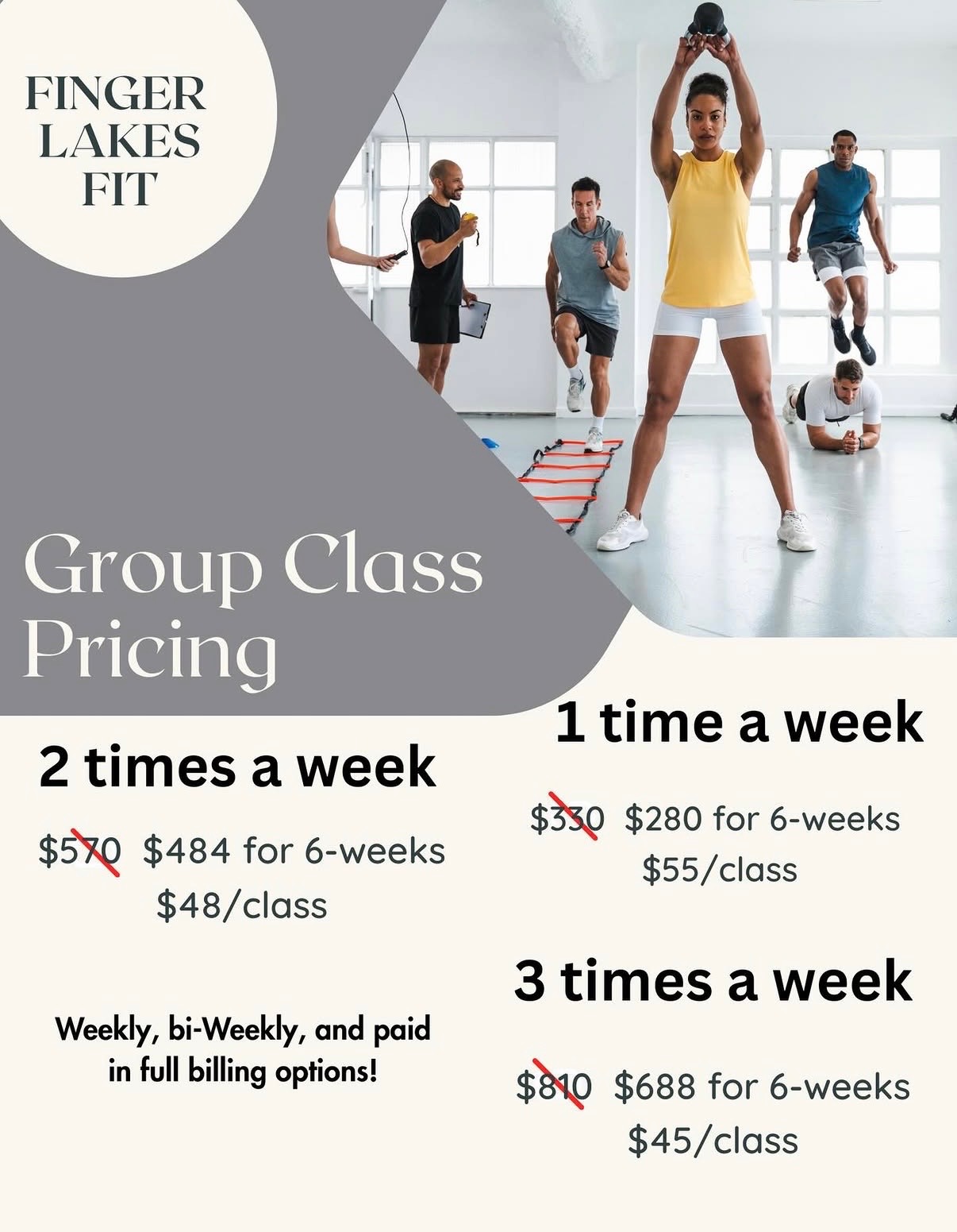 Personal training prices — 30, 45, and 60 minute sessions with per-session, 12-pack, and 24-pack rates